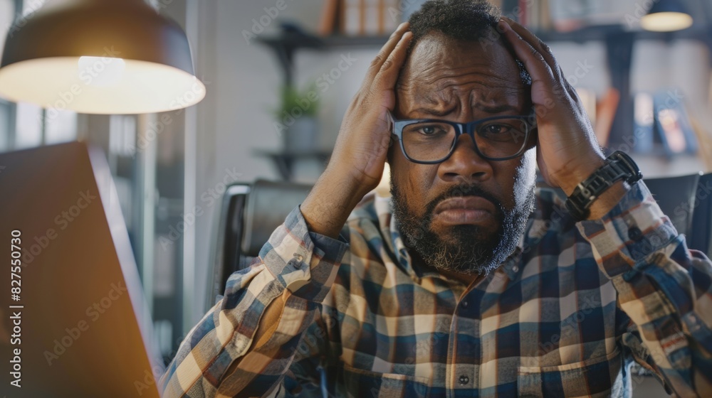 Obraz premium A manager looking stressed and frustrated while dealing with a challenging situation at their desk.