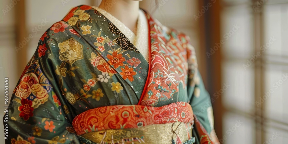 Naklejka premium A woman wearing a kimono with floral patterns
