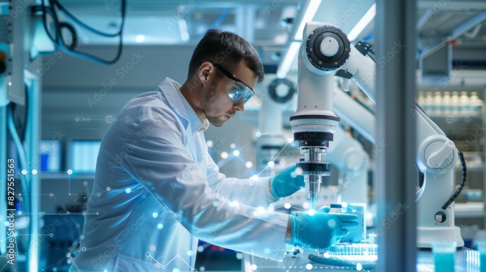 A scientist working with a robotic arm in a high-tech lab, high detail, bright and innovative, showcasing advanced technology --ar 16:9 --style raw Job ID: 276e61f4-2380-462b-ab12-6e8d273d9657 A scientist working with a robotic arm in a high-tech lab, high detail, bright and innovative, showcasing advanced technology --ar 16:9 --style raw Job ID: 276e61f4-2380-462b-ab12-6e8d273d9657