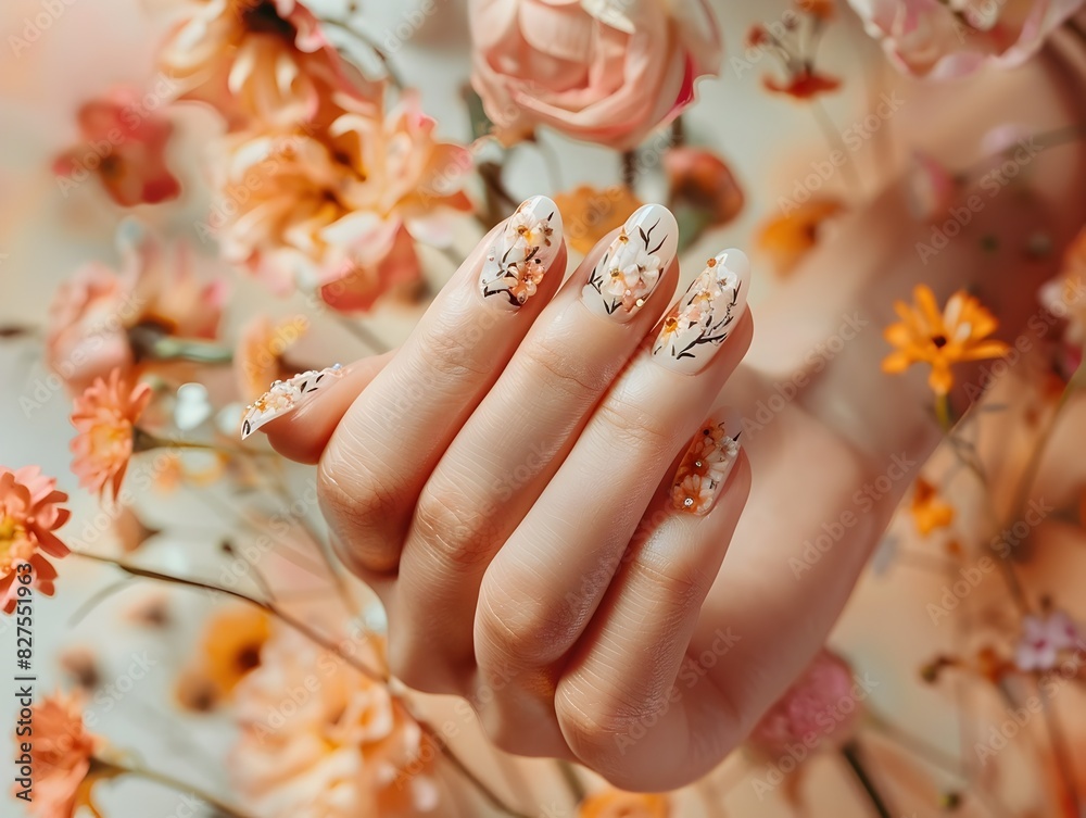 Intricate Floral Nail Art on Pastel Backdrop Intricate Floral Nail Art on Pastel Backdrop