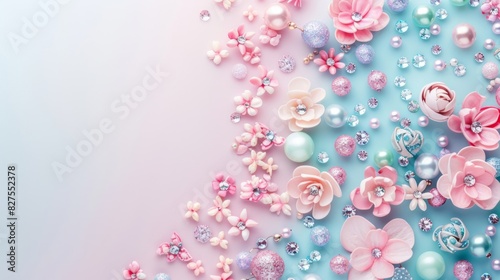 A blue and pink background with a pink flower and a bunch of pearls