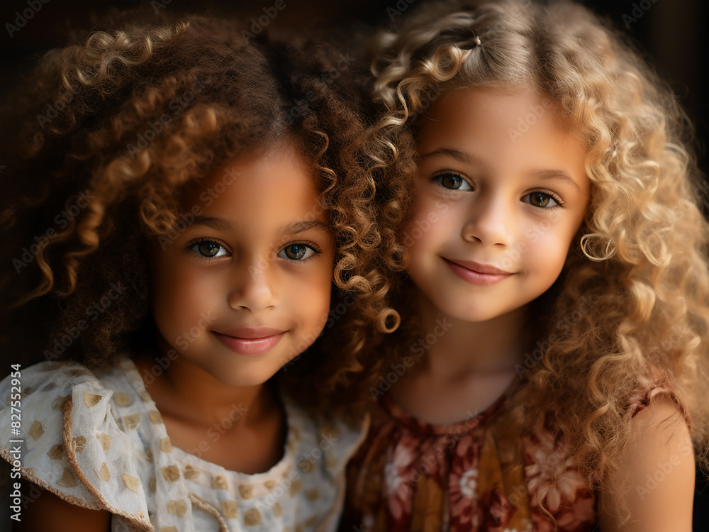 Close-up of two cute, curly-haired girls, joyously smiling Close-up of two cute, curly-haired girls, joyously smiling