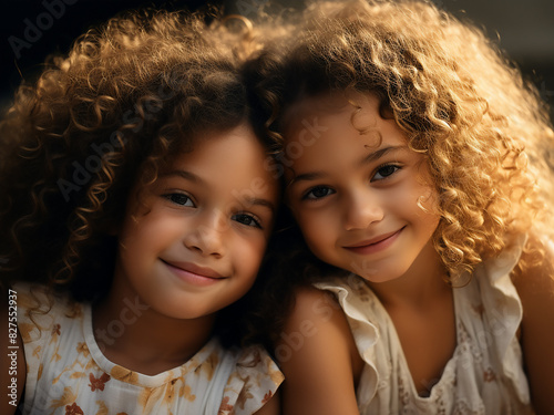 Two charming little girls, close-up, sporting cheerful smiles and curly hair