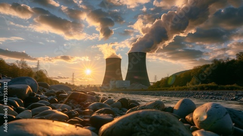A nuclear power plant's cooling system with cooling towers releasing steam, set against a sunset backdrop, in a highly detailed landscape. --ar 16:9 --style raw 
