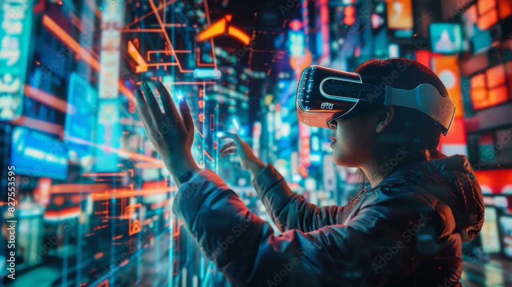 A person using an AR app to navigate through a smart city, high detail, vibrant and dynamic, emphasizing seamless tech integration --ar 16:9 --style raw Job ID: fbb8d912-17a9-4857-a259-70823232bdc8 A person using an AR app to navigate through a smart city, high detail, vibrant and dynamic, emphasizing seamless tech integration --ar 16:9 --style raw Job ID: fbb8d912-17a9-4857-a259-70823232bdc8