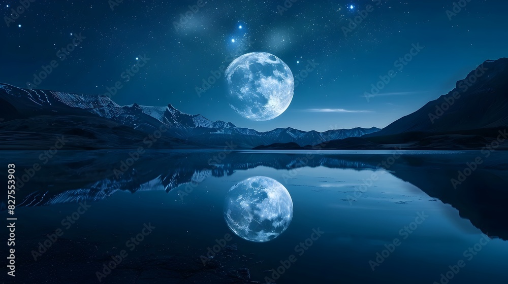 Fototapeta premium Tranquil Moonlit Lake Reflecting the Majestic Buck Moon in a Serene Mountainous Landscape