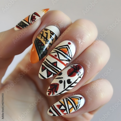 Tribal-inspired Bold Nail Design with Earthy Tones and Intricate Patterns