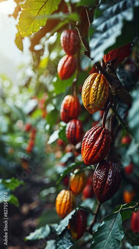 Cocoa bean harvesting scene: cocoa plantation during harvesting. photo