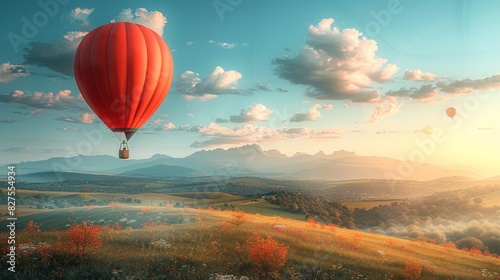 Create a balloon field adventure image, highlighting the excitement and wonder of floating above the landscape in a hot air balloon. Use a minimalist approach with clean lines and bold colors to © taelefoto