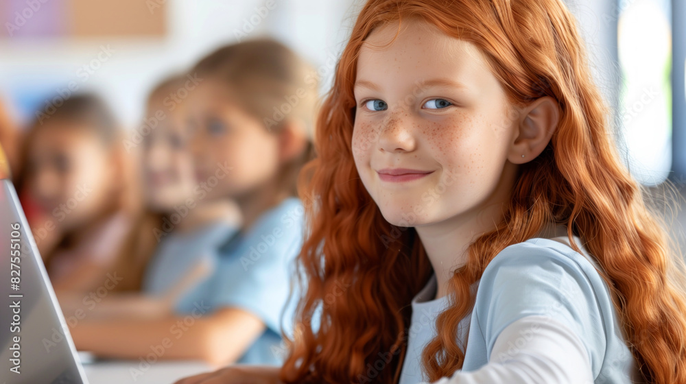 A girl with red hair is smiling at the camera. a teacher at school of a girl age 8 or 9 with auburn hair, looking interested sitting at a laptop computer, she is in a brightly lit modern classroom A girl with red hair is smiling at the camera. a teacher at school of a girl age 8 or 9 with auburn hair, looking interested sitting at a laptop computer, she is in a brightly lit modern classroom