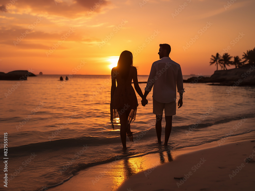 At a beach sunset, an interracial couple cherishes love