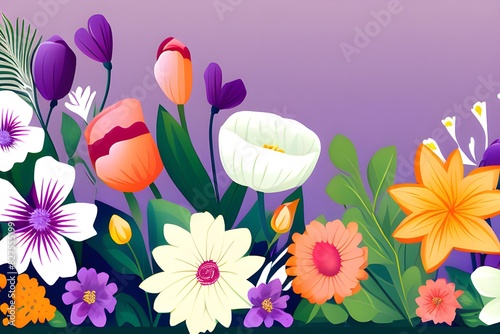 Horizontal white banner or floral backdrop decorated with gorgeous multicolored blooming flowers and leaves border. Spring botanical flat vector illustration on white background 