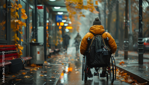 A woman in a wheelchair sits on a bench outside a bus stop by AI generated image photo