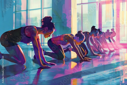 group of fit people doing pushups in gym fitness class exercise and wellness digital art