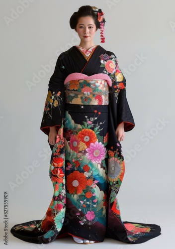 A woman wearing a black kimono with colorful floral patterns. © Adobe Contributor