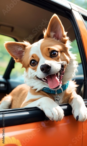 A cheerful dog with its head out of a car window, enjoying a sunny day ride. The dog's joyful expression and the bright orange car create a vibrant and lively scene.