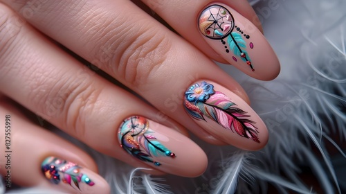 Bohemian Nail Design with Feathered Dreamcatcher Patterns photo