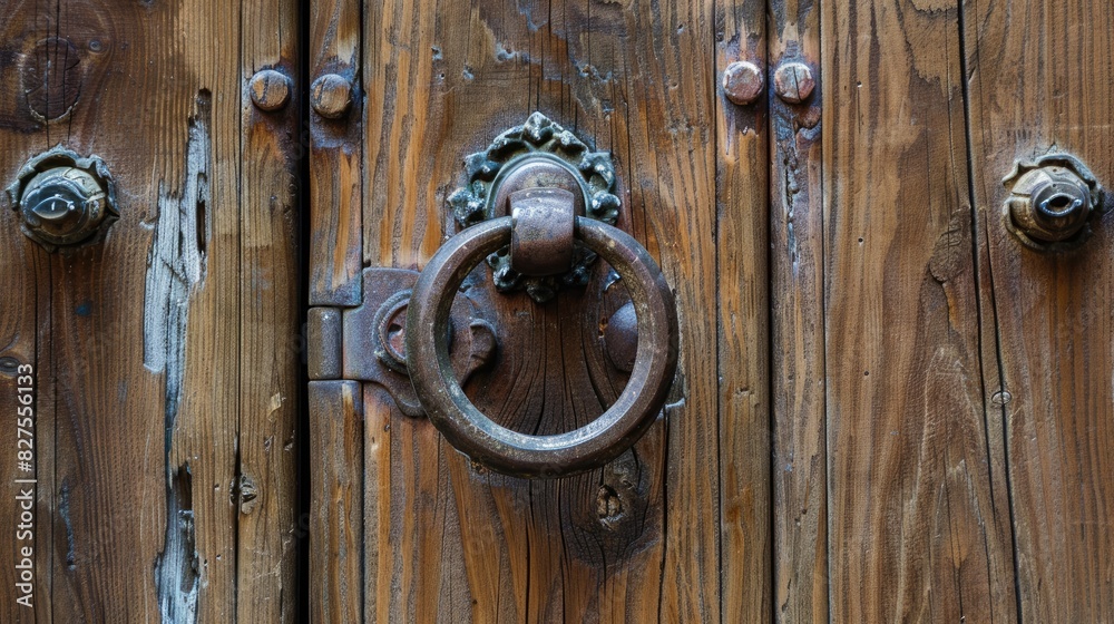 Metal door handle knocker fixed to a wooden door Metal door handle knocker fixed to a wooden door