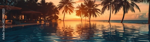 Tropical luxury resort hotel with spacious suites focus on theme comfort dynamic silhouette sunset view