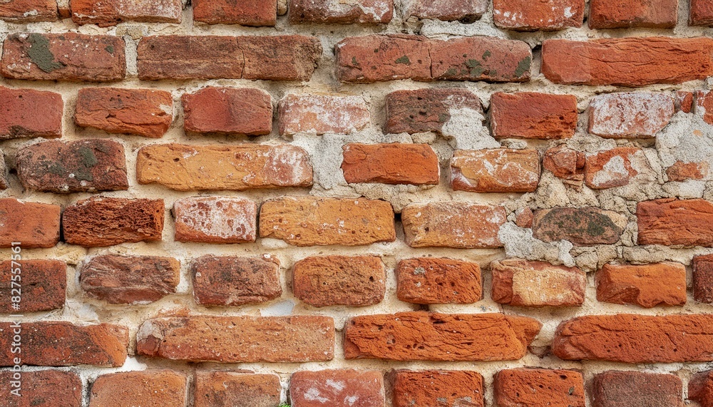Obraz premium 古い赤レンガの壁のテクスチャ。時間とともに色あせた赤色とモルタルの白が特徴。レンガは自然な摩耗を表現。