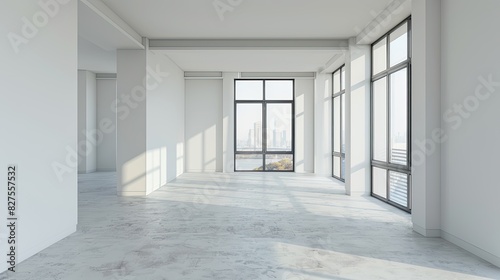 Concrete unfurnished room interior with copy space on walls  windows with city view and sunlight. Mock up  3D Rendering 