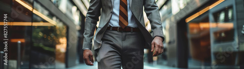 Professional in a tailored suit walking focus on theme ambition whimsical Overlay urban street