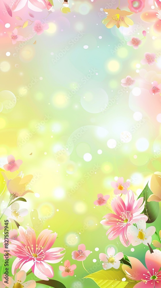 Fototapeta premium Pink flowers and green leaves form a vibrant and lush floral backdrop