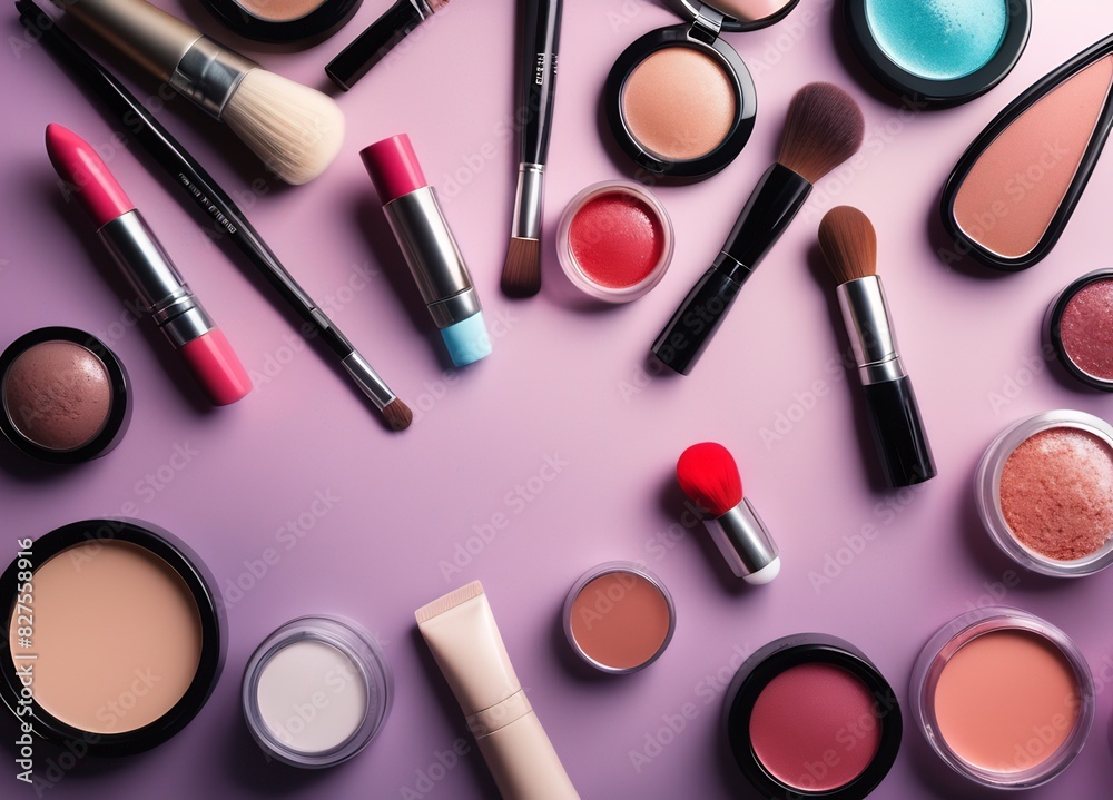 An exquisite collection of everyday cosmetics elegantly laid out on a dressing table. The assortment, featuring lipsticks, brushes, and nail polish. An exquisite collection of everyday cosmetics elegantly laid out on a dressing table. The assortment, featuring lipsticks, brushes, and nail polish.