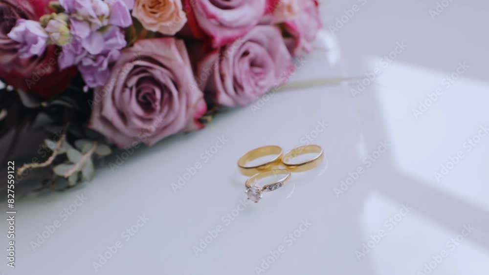 two golden wedding rings and engagement ring sitting on a white glass table next to a bridal bouquet flowers. Jewelry for couples.