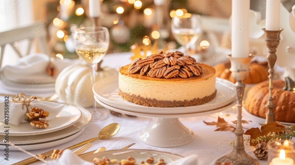 A Festive Thanksgiving Dessert Table Featuring a Pumpkin Cheesecake with Pecan Topping, Elegant White Ceramic Plates, and Seasonal Decorations in a Warmly Lit Setting