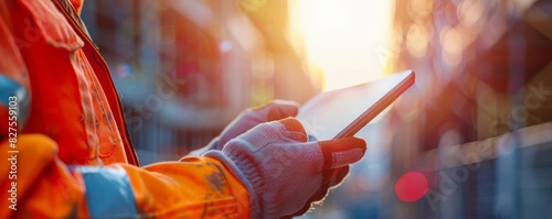 Closeup of a workers gloved hand using a tablet, unfinished building in the background