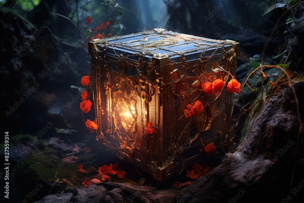 Fototapeta premium Treasure chest in the forest. Dark fantasy concept.