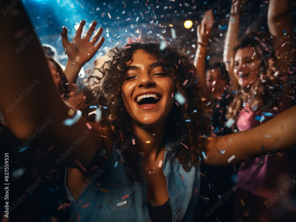 Diverse group of young individuals joyously dancing amid indoor confetti showers