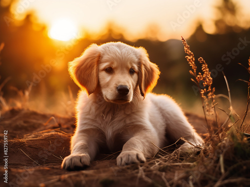 A golden retriever puppy basks in the sunset's glow