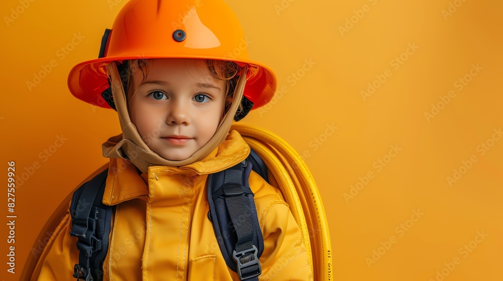 Adorable child dressed as a firefighter in a uniform and helmet, holding firefighter gear against an orange background. Adorable child dressed as a firefighter in a uniform and helmet, holding firefighter gear against an orange background.