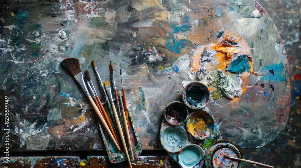 Fototapeta premium An artist's workspace with paints, brushes, and an unfinished canvas, capturing the creative process in an authentic setting --ar 16:9 --style raw Job ID: 45089ab1-ab22-479e-bd84-6e8ac9f1acff