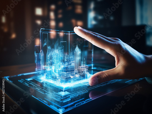 Hand wielding digital device, intersects with data hologram, tech synergy photo