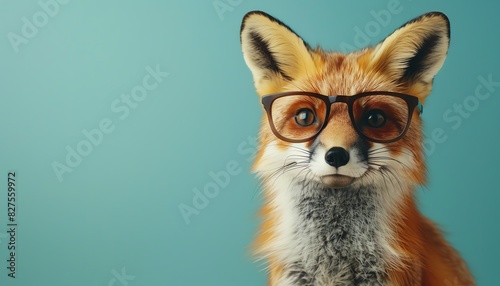 Adorable fox wearing glasses posing against a blue background, showcasing a cute and quirky fashion sense.