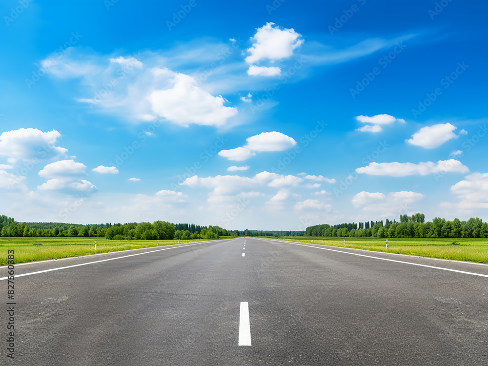 An empty highway winds through a sun-drenched countryside, under a vast blue sky An empty highway winds through a sun-drenched countryside, under a vast blue sky