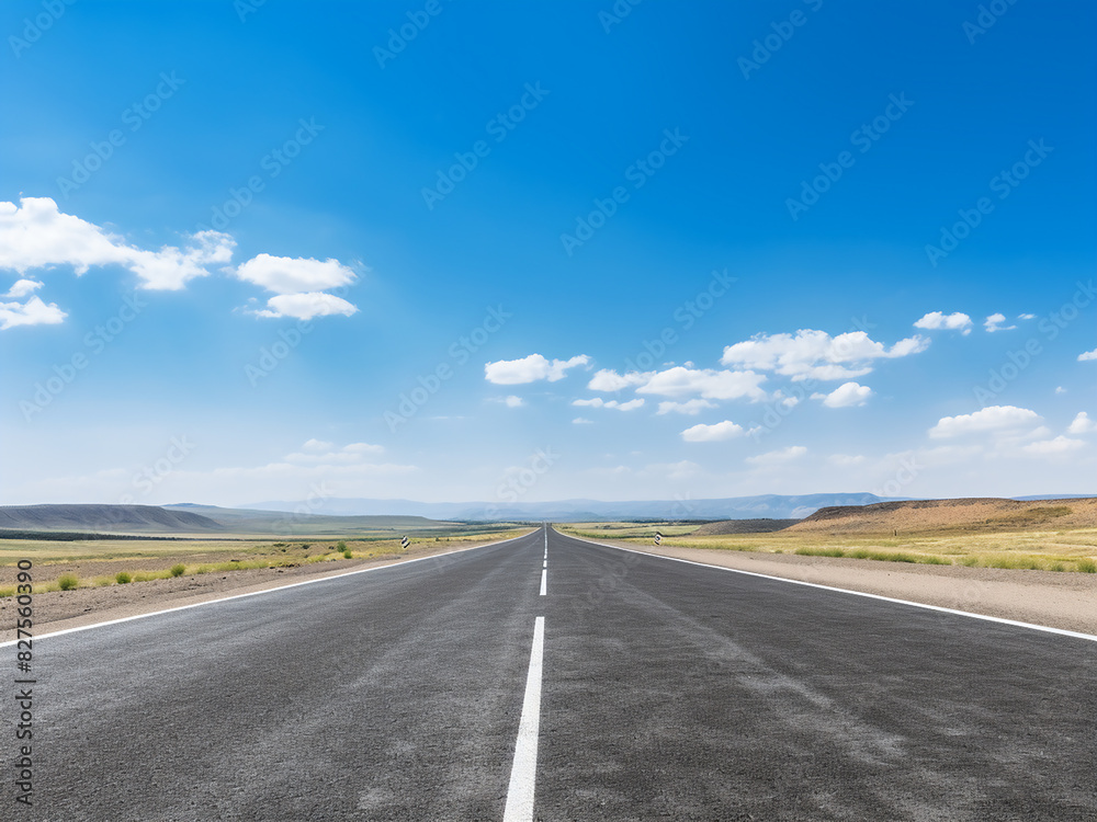 A sun-soaked highway stretches under a vast blue sky A sun-soaked highway stretches under a vast blue sky