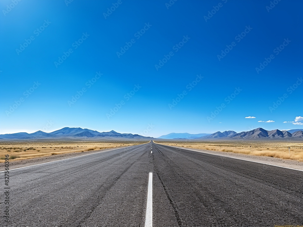 A sunlit highway stretches across an empty expanse under a clear blue sky A sunlit highway stretches across an empty expanse under a clear blue sky