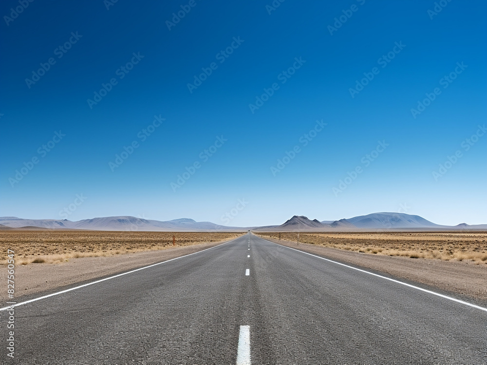 A deserted highway traverses a picturesque scenery against a cloudless sky A deserted highway traverses a picturesque scenery against a cloudless sky