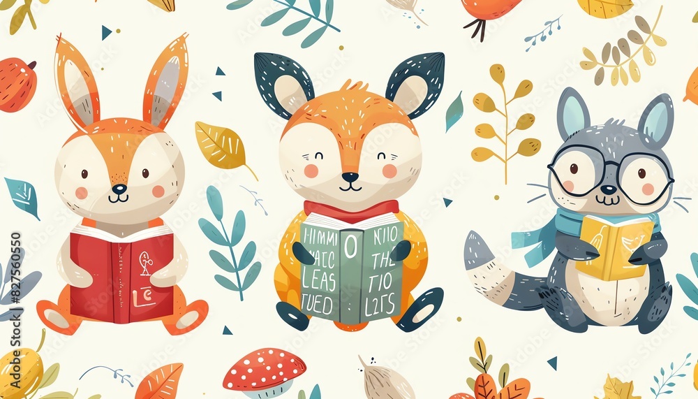 Fototapeta premium Cute woodland animals reading books surrounded by autumn elements, perfect for children's illustrations and educational materials.