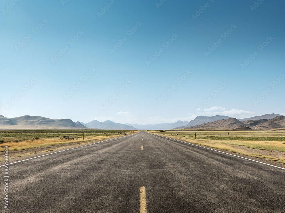 An unoccupied road cuts through a scenic landscape under a clear sky