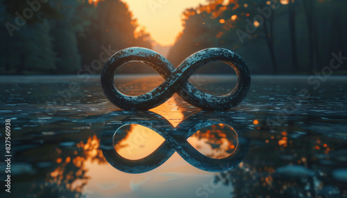 Symbolic infinity sign rests on reflective water against a breathtaking sunset backdrop, illustrating the concept of endlessness and international infinity day's eternal themes photo