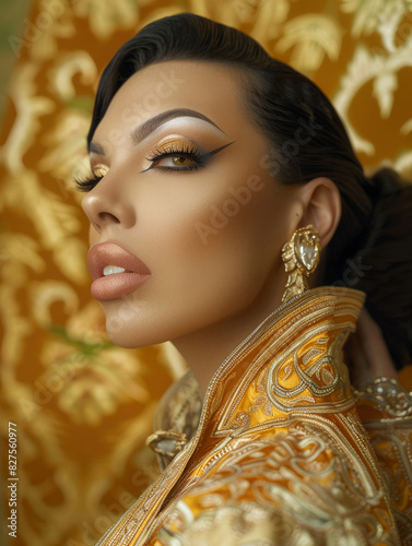 Glamorous woman, trans diva red lips and golden makeup. Elegant portrait with sparkling background photo