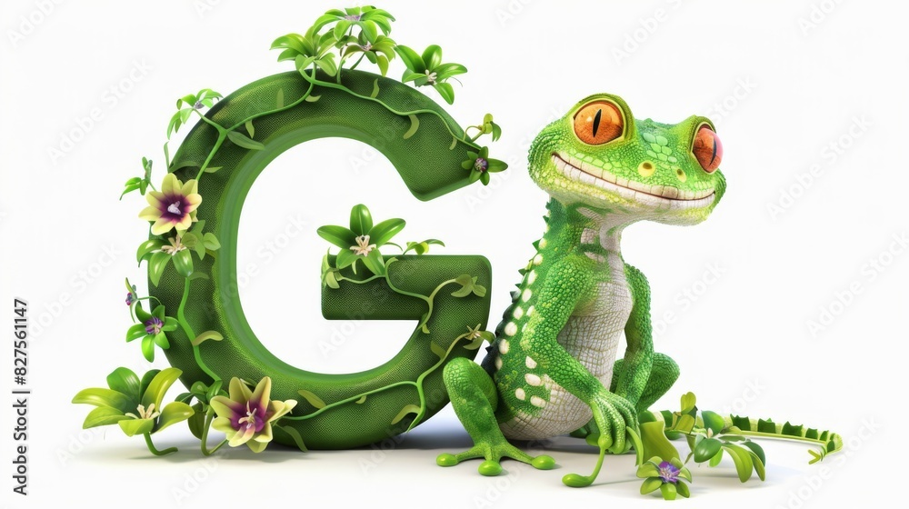 Naklejka premium A green frog is sitting on a leafy green background with a green letter G