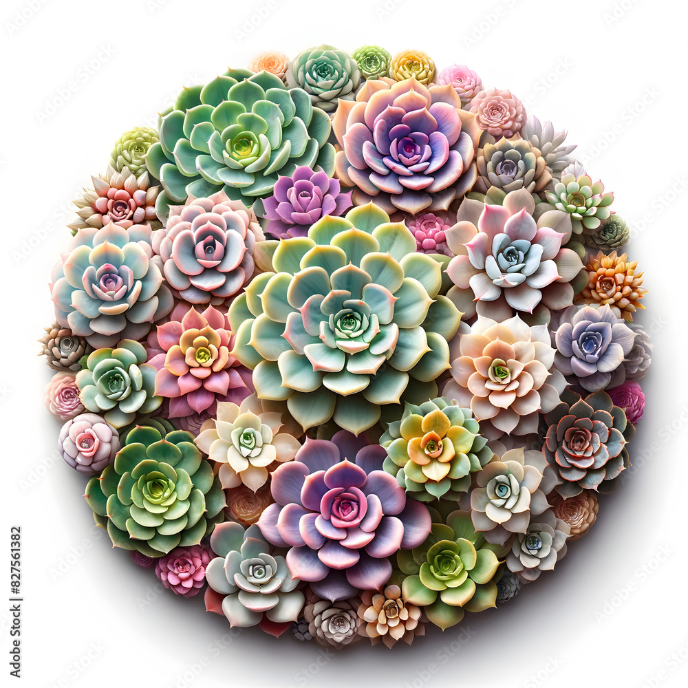 detailreiche Top-Ansicht vieler bunter Sukkulenten, die in einem Kreis auf weißen Hintergrund angeordnet sind. Geeignet für Natur-, Garten-, Dekorations- und Liebesprojekte. detailreiche Top-Ansicht vieler bunter Sukkulenten, die in einem Kreis auf weißen Hintergrund angeordnet sind. Geeignet für Natur-, Garten-, Dekorations- und Liebesprojekte.