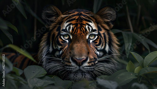 Gorgeous photo capturing the mesmerizing stare of a tiger blending in with lush greenery  in honor of international tiger day  highlighting the magnificence of this endangered species
