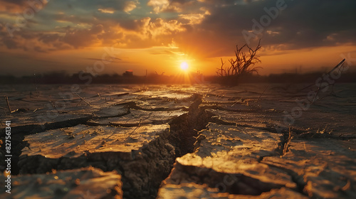 Dry and cracked earth due to the lack of rain against the background of the sunrise. June 17 - World Day to Combat Desertification and Drought. The concept of the consequences of climate change.